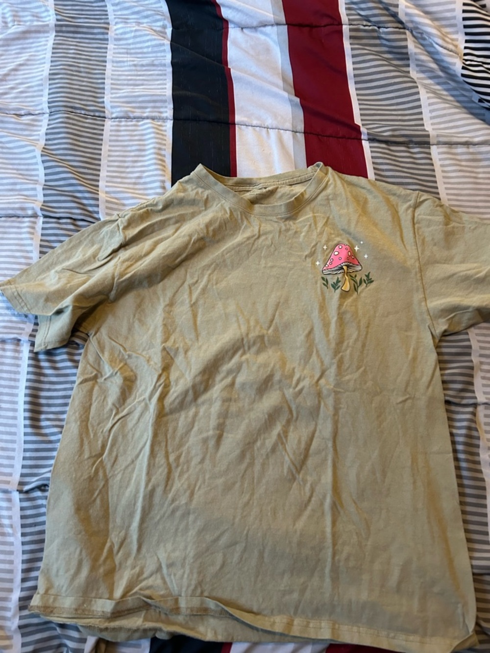 Rebellious One Mustard Crewneck Tee with Pink Mushroom Accent